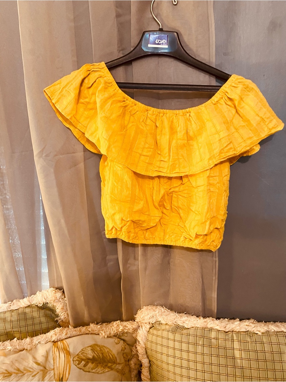Blue Rain Mustard Yellow Off-Shoulder Ruffle Top